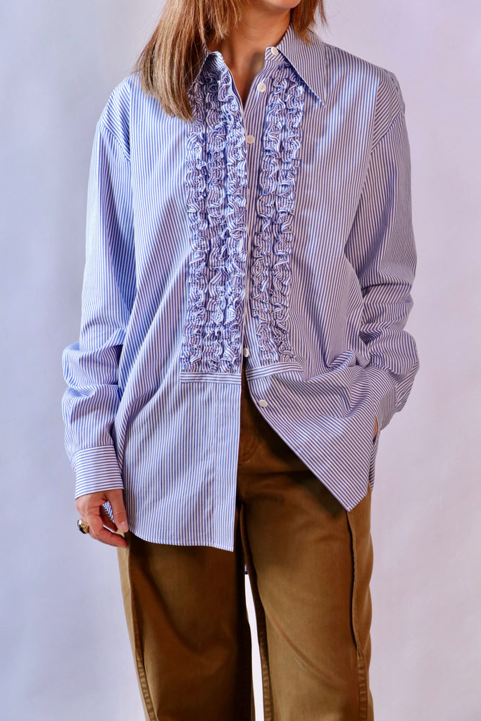 Tibi Striped Shirting Easy Tuxedo Shirt in Blue Multi tops-blouses Tibi 