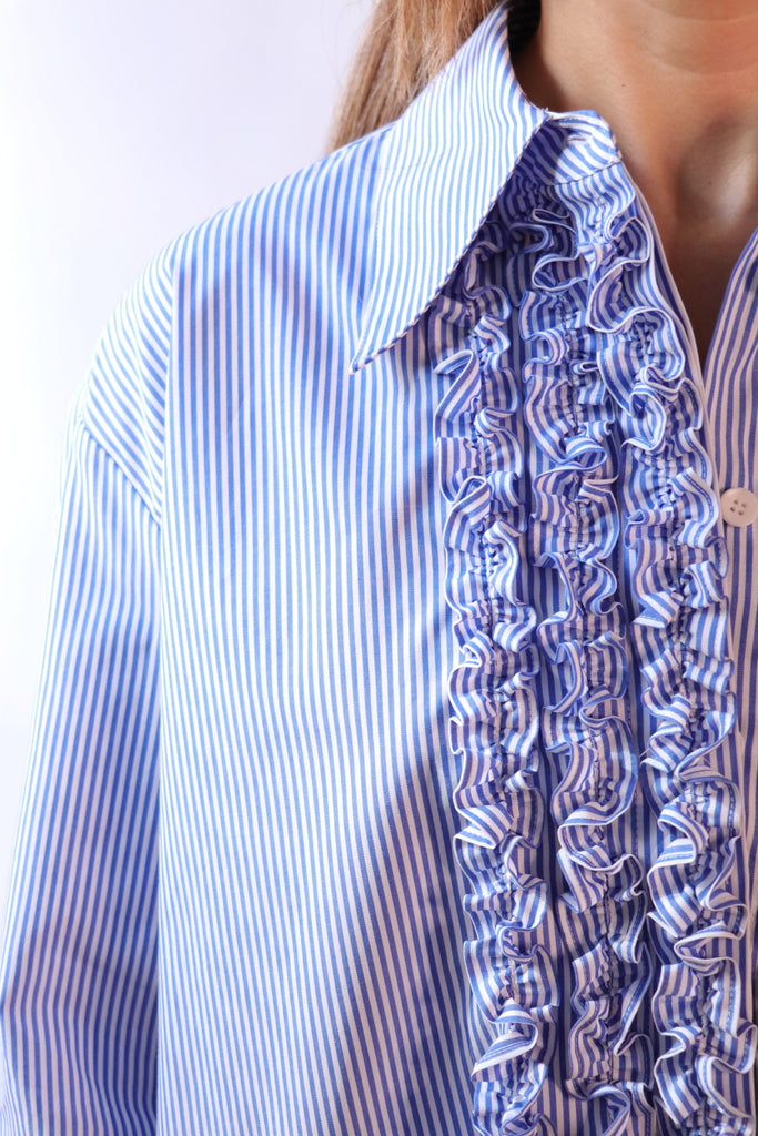 Tibi Striped Shirting Easy Tuxedo Shirt in Blue Multi tops-blouses Tibi 