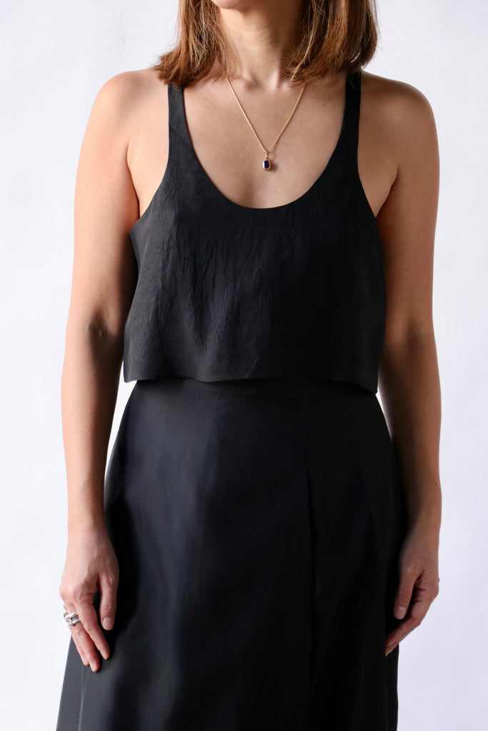 Tibi Summer Acetate Crinkle Cropped Tank in Black | WE ARE ICONIC