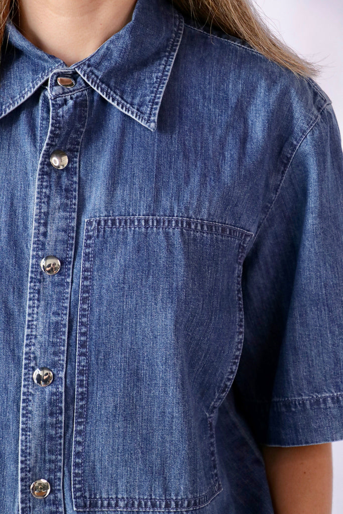 Tibi Summer Denim Classic Wash Camp Shirt tops-blouses Tibi 