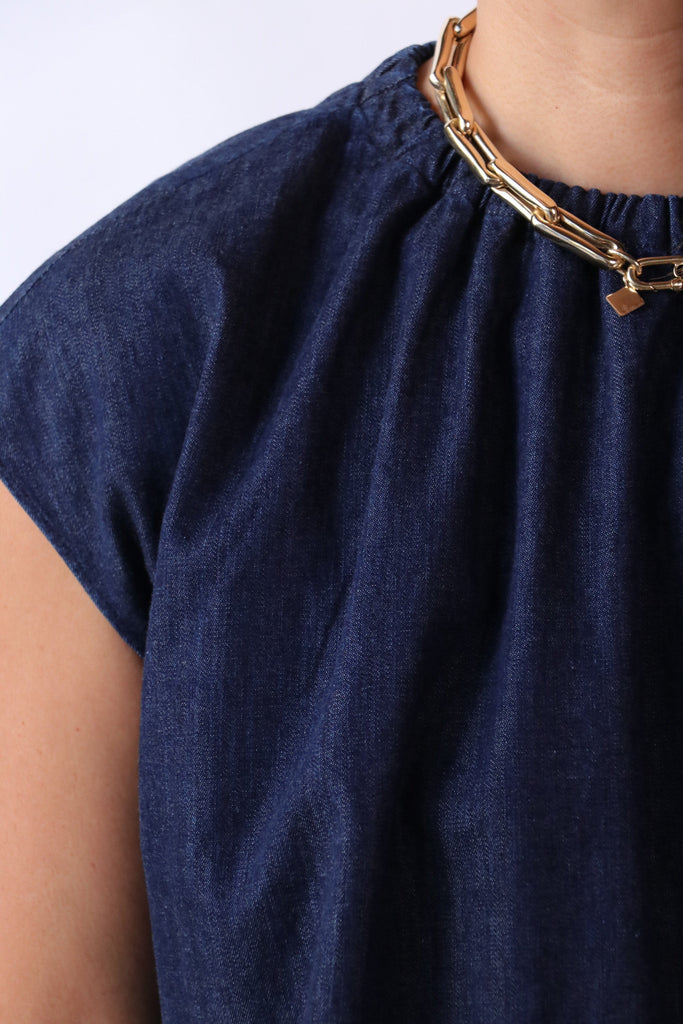 Tibi Summer Denim Indigo Shirred Neck Circular Top tops-blouses Tibi 
