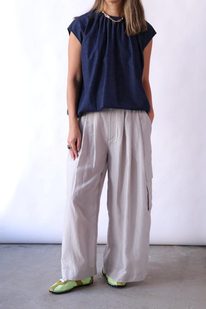 Tibi Summer Denim Indigo Shirred Neck Circular Top tops-blouses Tibi 
