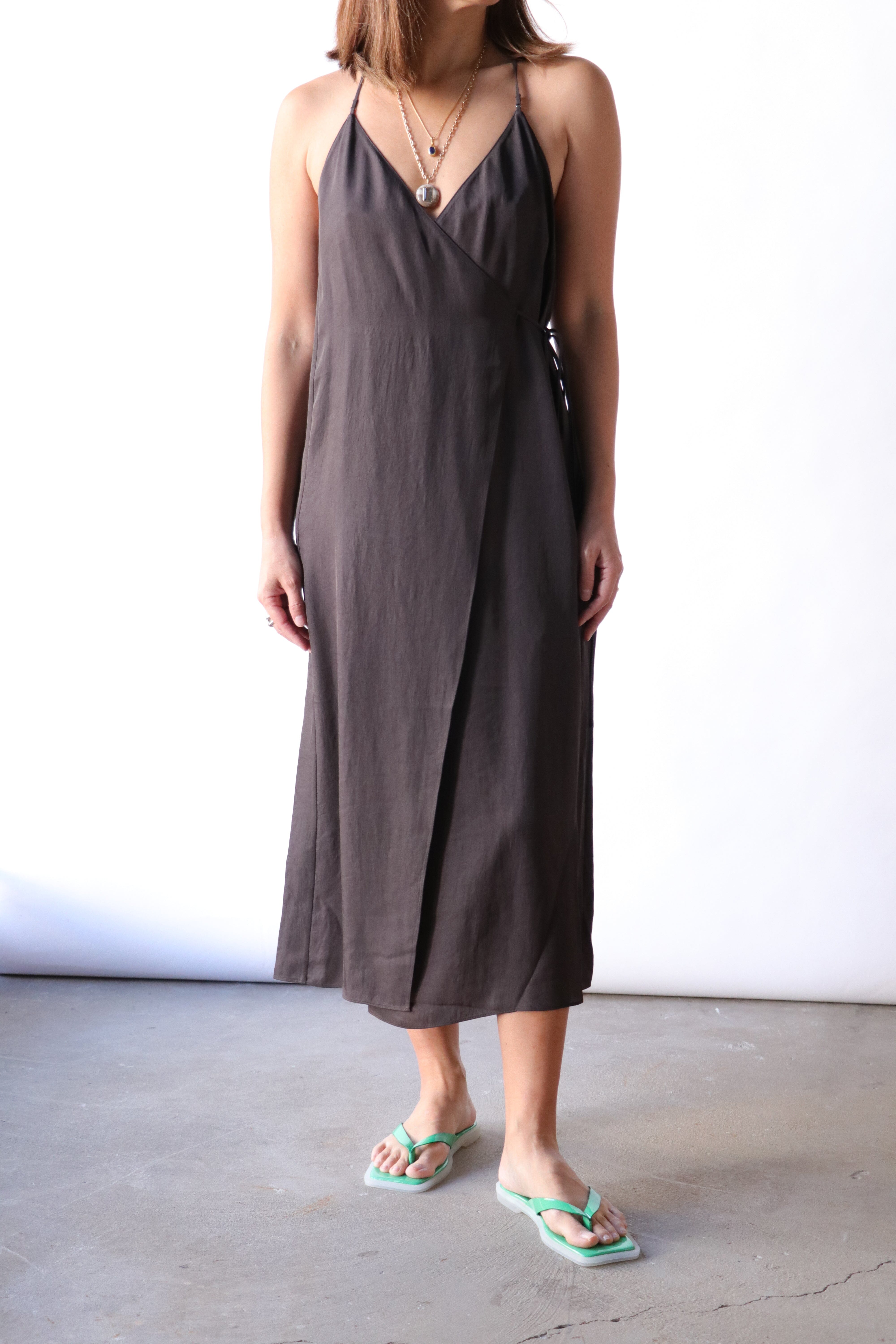 brown silk wrap dress Bronze Satin Wrap Maxi Dress With Collar M