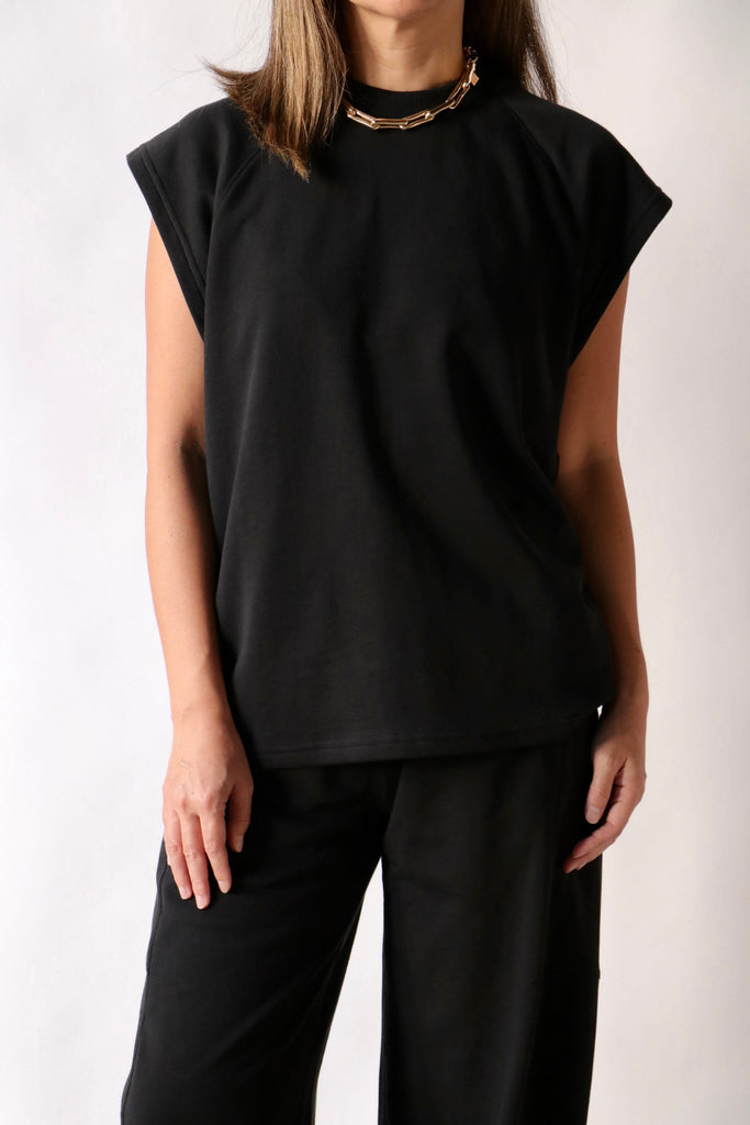 Tibi Summer Sweatshirting Sleeveless Easy Top in Black tops-blouses Tibi 