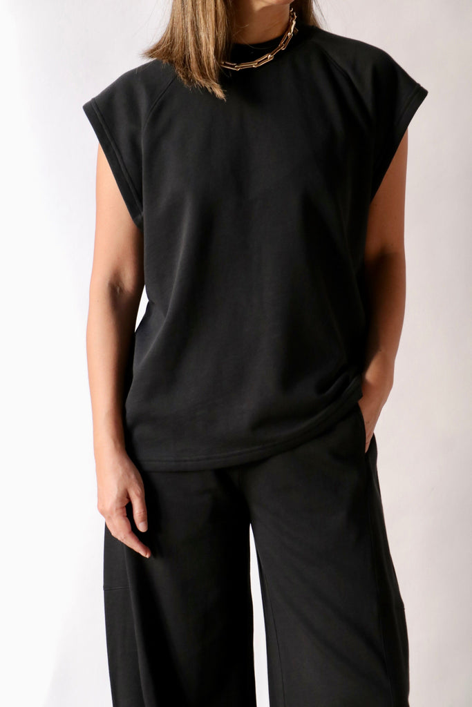 Tibi Summer Sweatshirting Sleeveless Easy Top in Black tops-blouses Tibi 