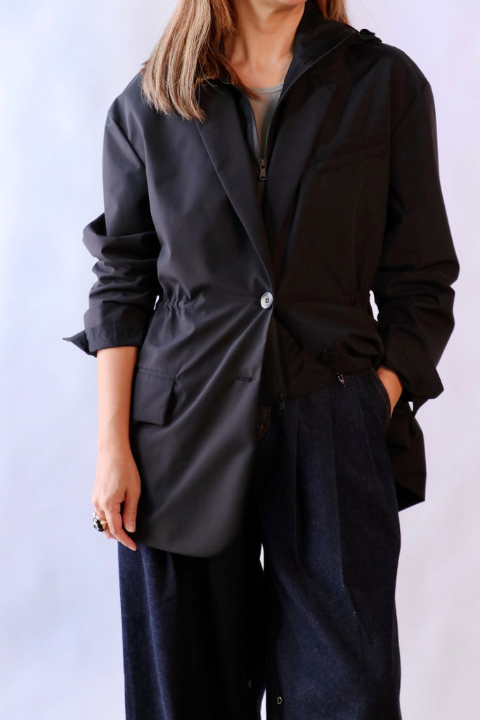 Tibi Tech Suiting Anorak Blazer With Zip Off Vest in Black Outerwear Tibi 