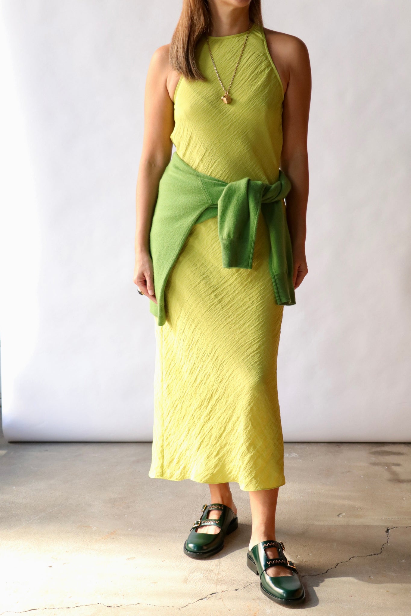 Tibi The Crinkle Slip Midi Bias Dress in Pea Pod Dresses Tibi 
