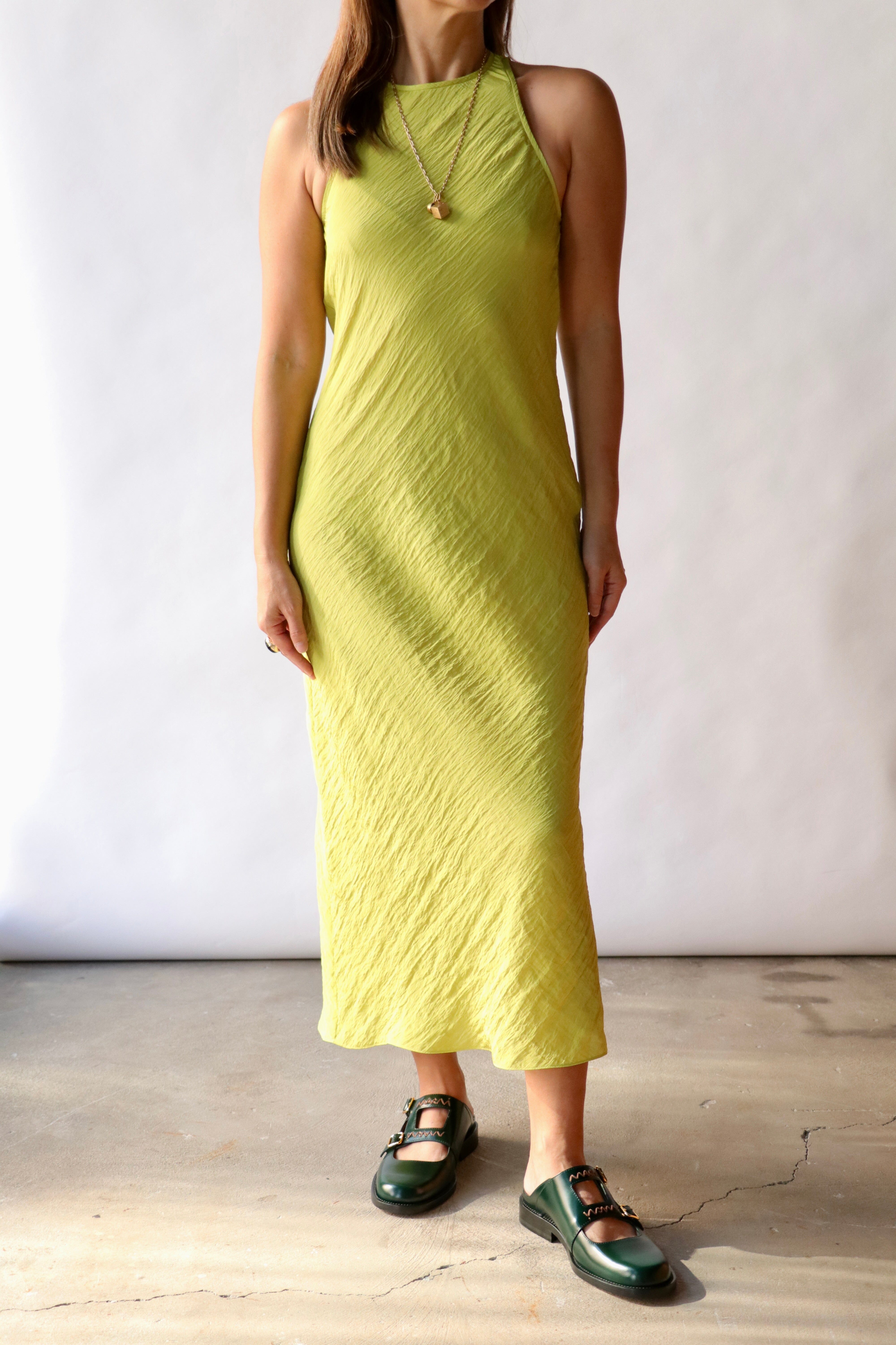 Tibi The Crinkle Slip Midi Bias Dress in Pea Pod
