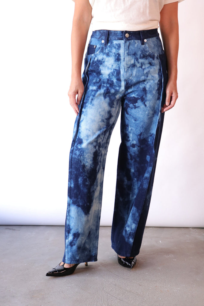 Tibi Tie Dye Denim Tuck Jean in Blue Multi Bottoms Tibi 