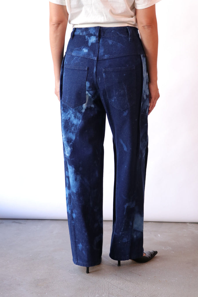 Tibi Tie Dye Denim Tuck Jean in Blue Multi Bottoms Tibi 