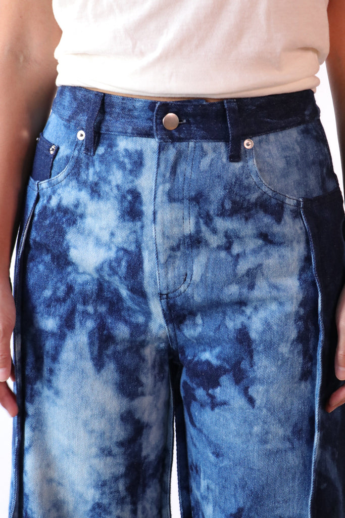 Tibi Tie Dye Denim Tuck Jean in Blue Multi Bottoms Tibi 