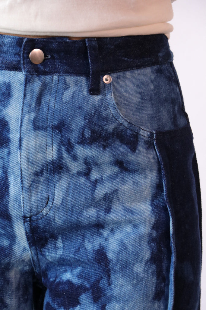 Tibi Tie Dye Denim Tuck Jean in Blue Multi Bottoms Tibi 