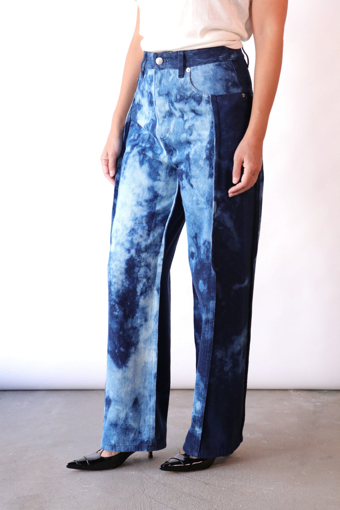 Tibi Tie Dye Denim Tuck Jean in Blue Multi Bottoms Tibi 