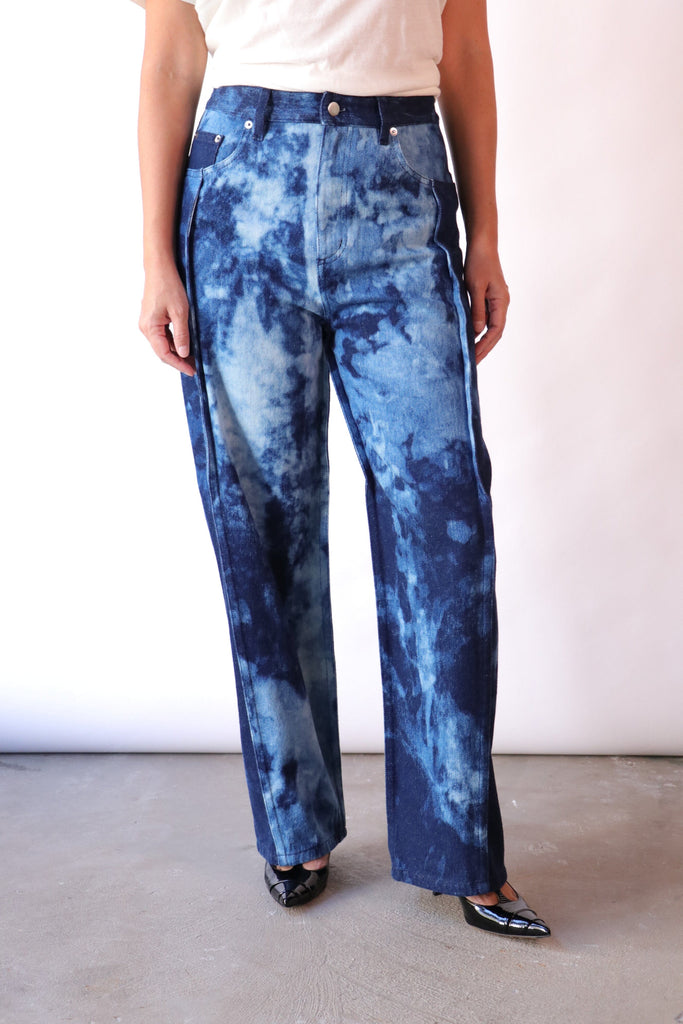 Tibi Tie Dye Denim Tuck Jean in Blue Multi Bottoms Tibi 
