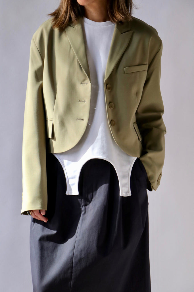 Tibi Tropical Wool Cropped Bomber Blazer in Artichoke Outerwear Tibi 