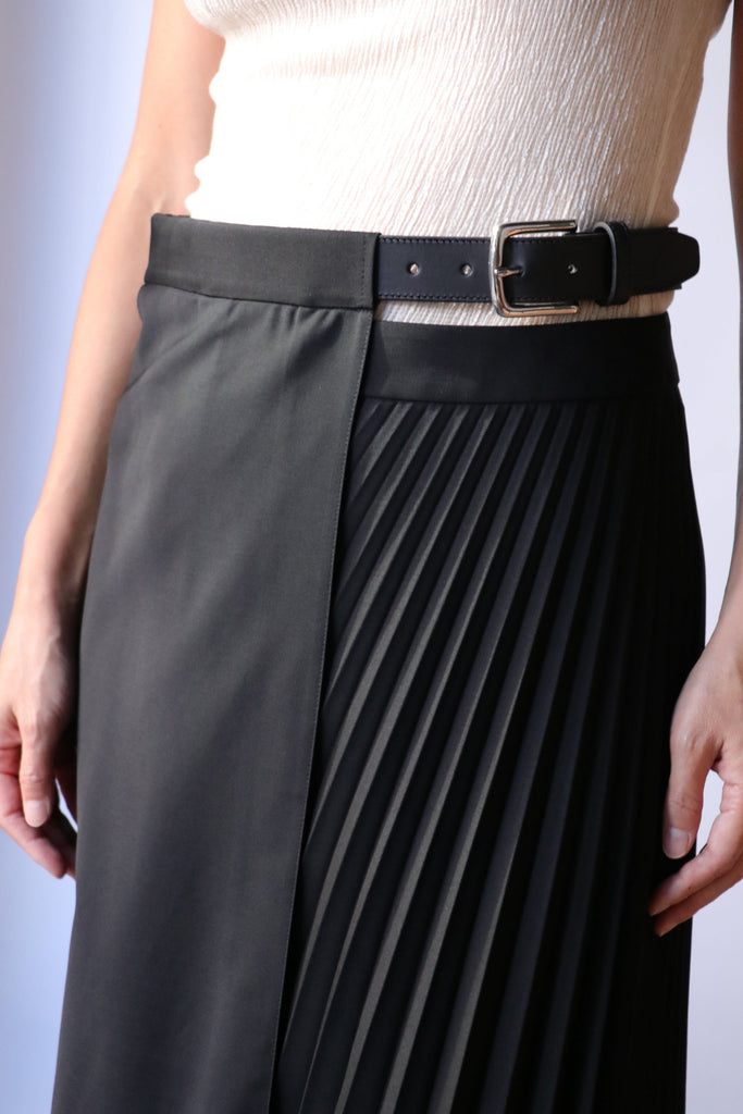 Tibi Tropical Wool Pleated Leather Belt Maxi Skirt Bottoms Tibi 