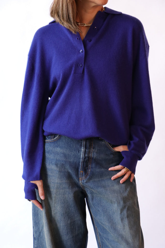 Tibi Washable Cashmere Easy Polo Sweater in Ink Blue Knitwear Tibi 