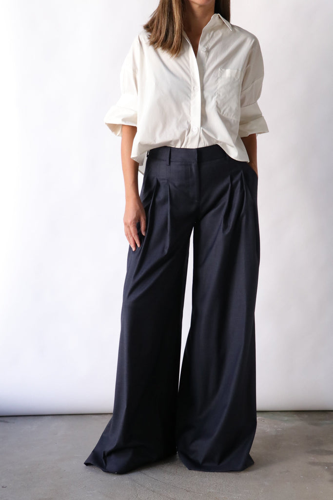 TWP New Didi Pant in Chintzed Pinstripe Suiting Indigo/Charcoal Bottoms TWP 