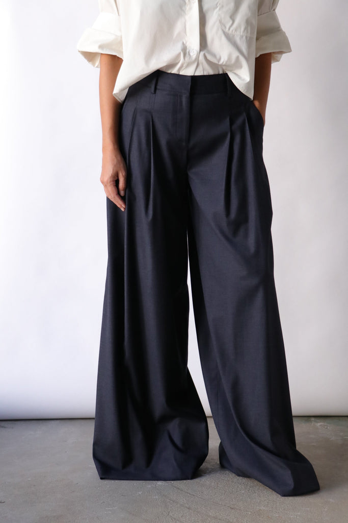 TWP New Didi Pant in Chintzed Pinstripe Suiting Indigo/Charcoal