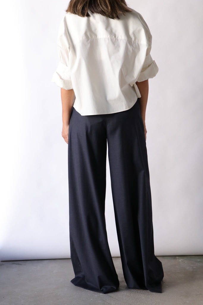 TWP New Didi Pant in Chintzed Pinstripe Suiting Indigo/Charcoal Bottoms TWP 