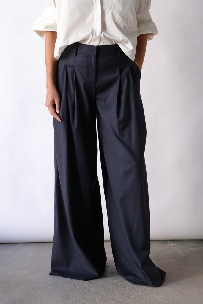 TWP New Didi Pant in Chintzed Pinstripe Suiting Indigo/Charcoal