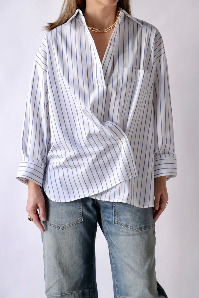 TWP New Earl Shirt in Track Stripe White/Blue tops-blouses TWP 