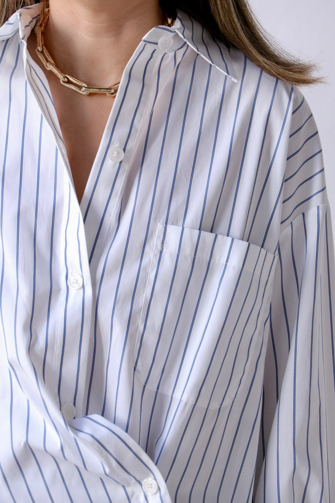 TWP New Earl Shirt in Track Stripe White/Blue tops-blouses TWP 