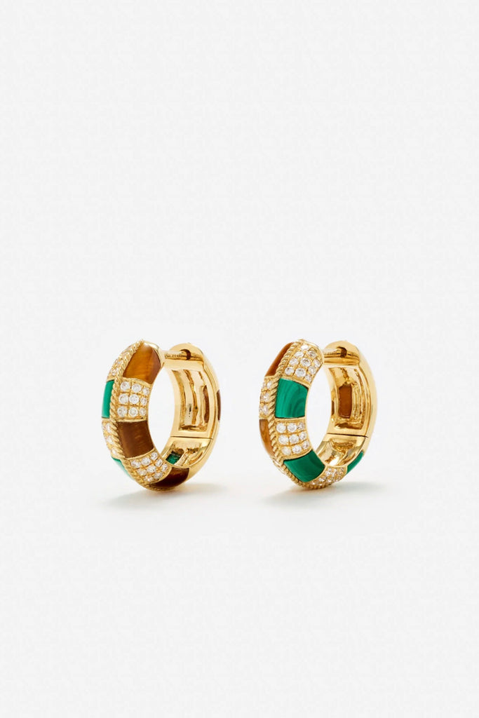 Yvonne Leon Paire De Mini Créoles Damier Malachite & Oeil De Tigre Or Jaune Jewelry Yvonne Leon 