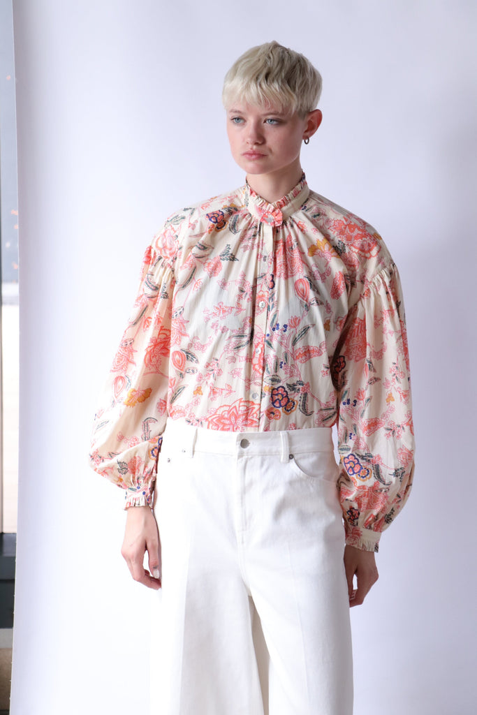 Alix of Bohemia Poet Coral Flower Blouse in Carnation Pink tops-blouses Alix of Bohemia 