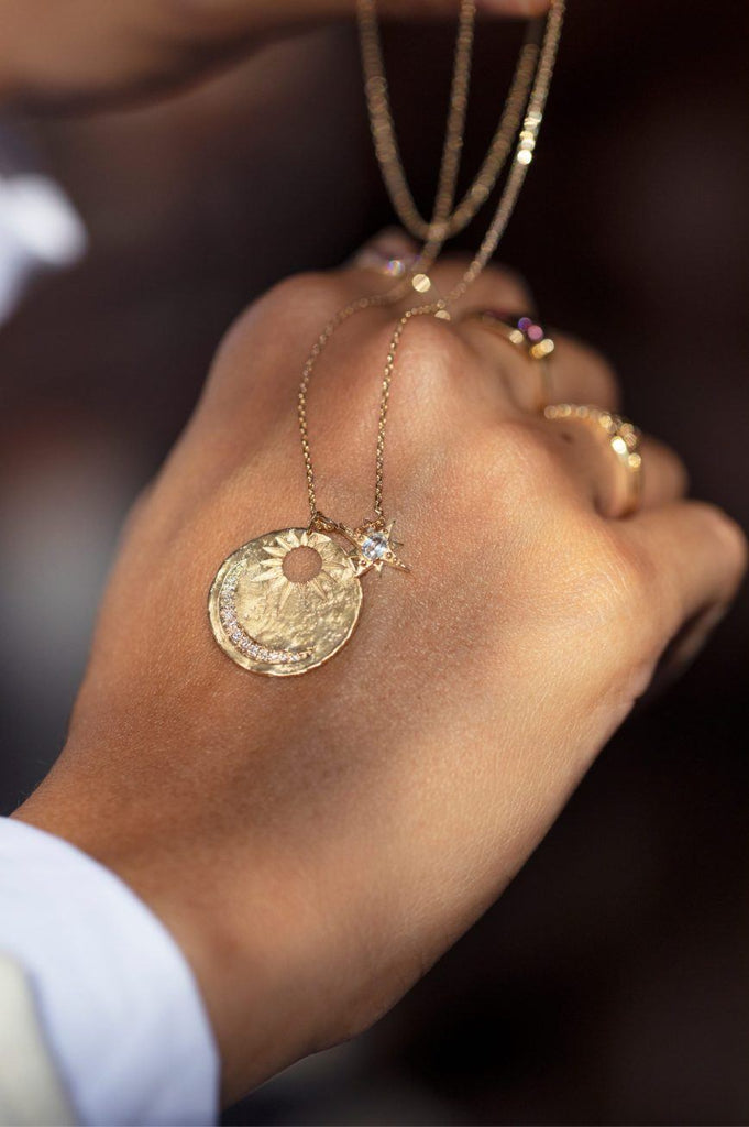 Celine Daoust Sun & Moon Medal w/ Sapphire Star Necklace Jewelry Celine Daoust 