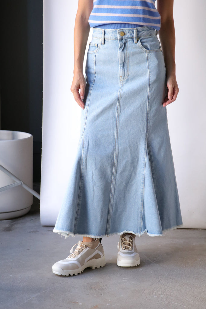 Ganni Bleach Denim Peplum Midi Skirt in Light Blue Stone Bottoms Ganni 