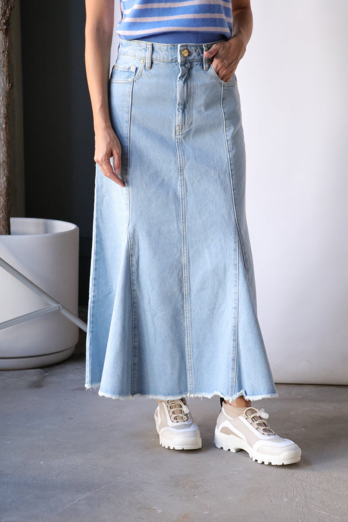 Ganni Bleach Denim Peplum Midi Skirt in Light Blue Stone Bottoms Ganni 