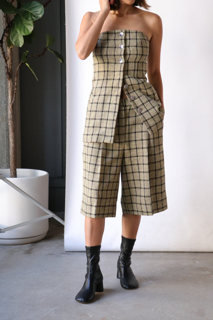 Ganni Check Suiting Strapless Top in Tender Shoots tops-blouses Ganni 