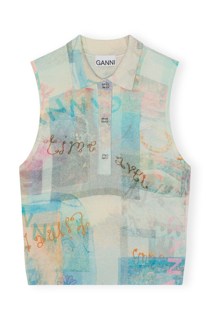 Ganni Printed Cashmere Sleeveless Polo in Egret tops-blouses Ganni 