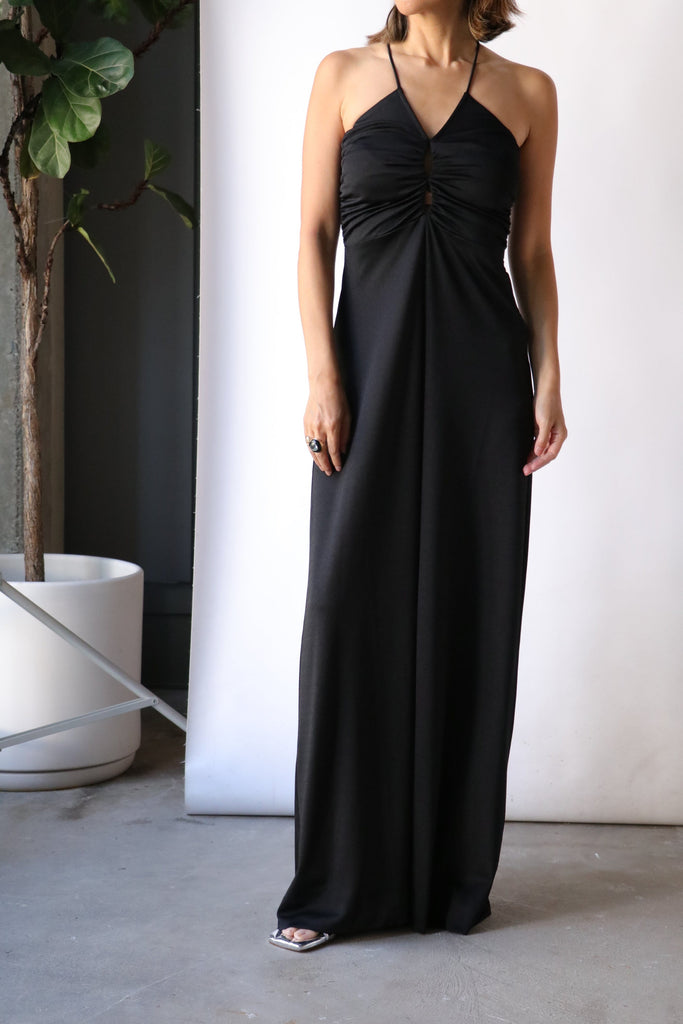 Ganni Shiny Crepe Jersey Long Dress in Black Dresses Ganni 