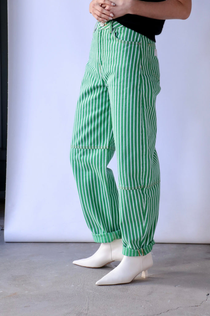 Ganni Stripe Denim Stary in Kelly Green Bottoms Ganni 