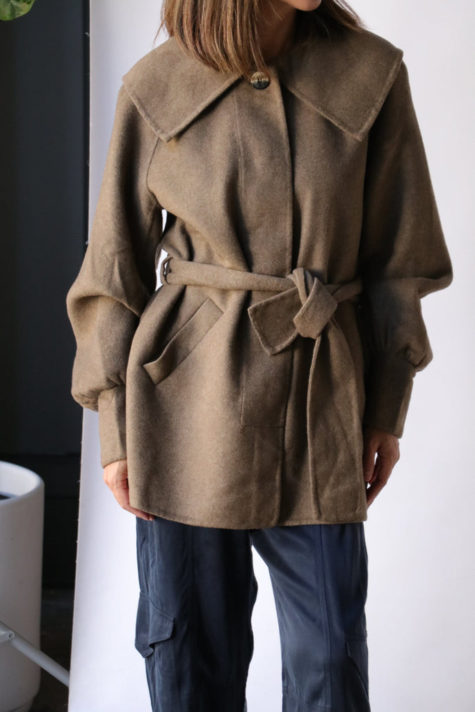 Ganni Wool Collar Jacket in Petrified Oak Outerwear Ganni 