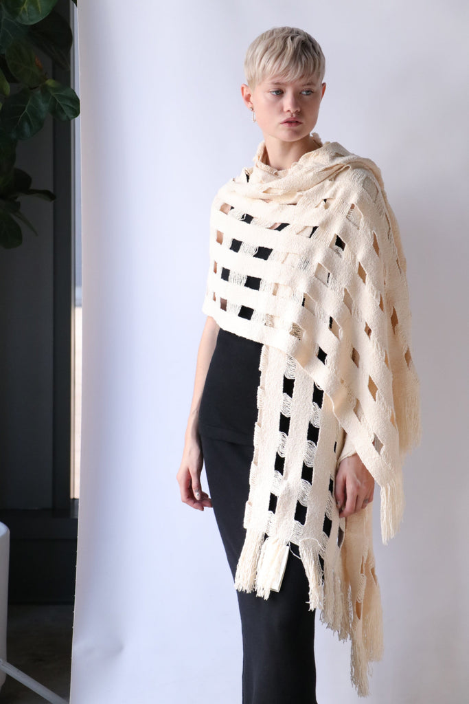 Lauren Manoogian Handwoven Grid Wrap in Natural Knitwear Lauren Manoogian 