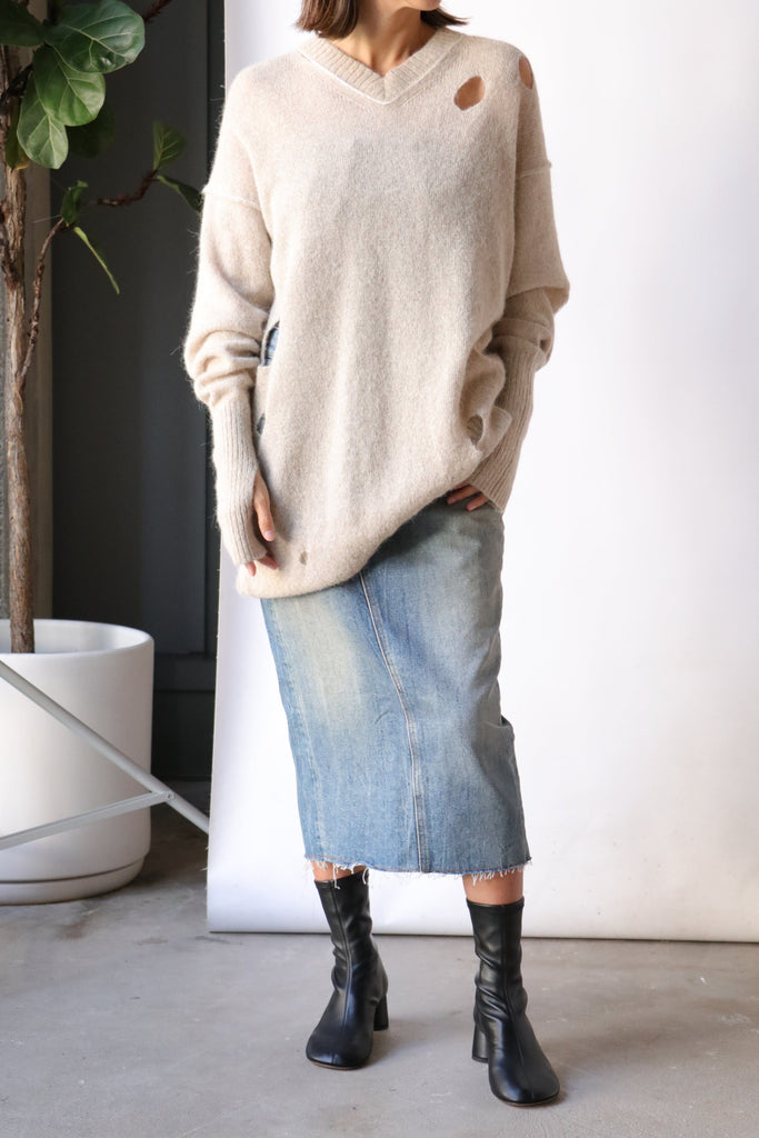 MM6 Maison Margiela Denim Midi Skirt in Blue Sand | WE ARE ICONIC