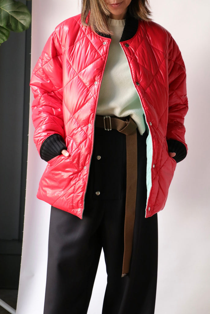 Plan C Quilted Jacket in Clear Water/ Red