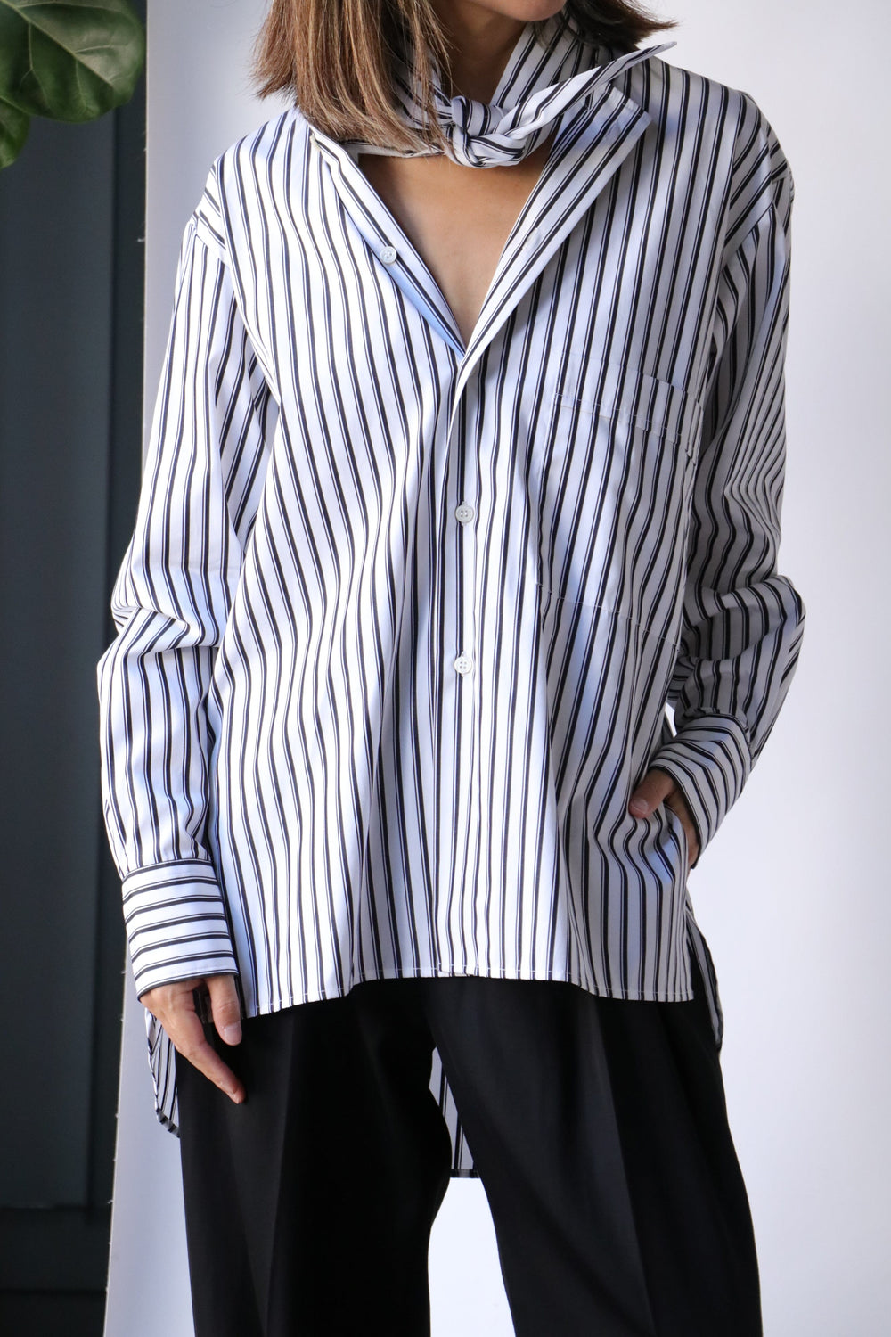 Plan C Striped Poplin Shirt in White/Black | WE ARE ICONIC