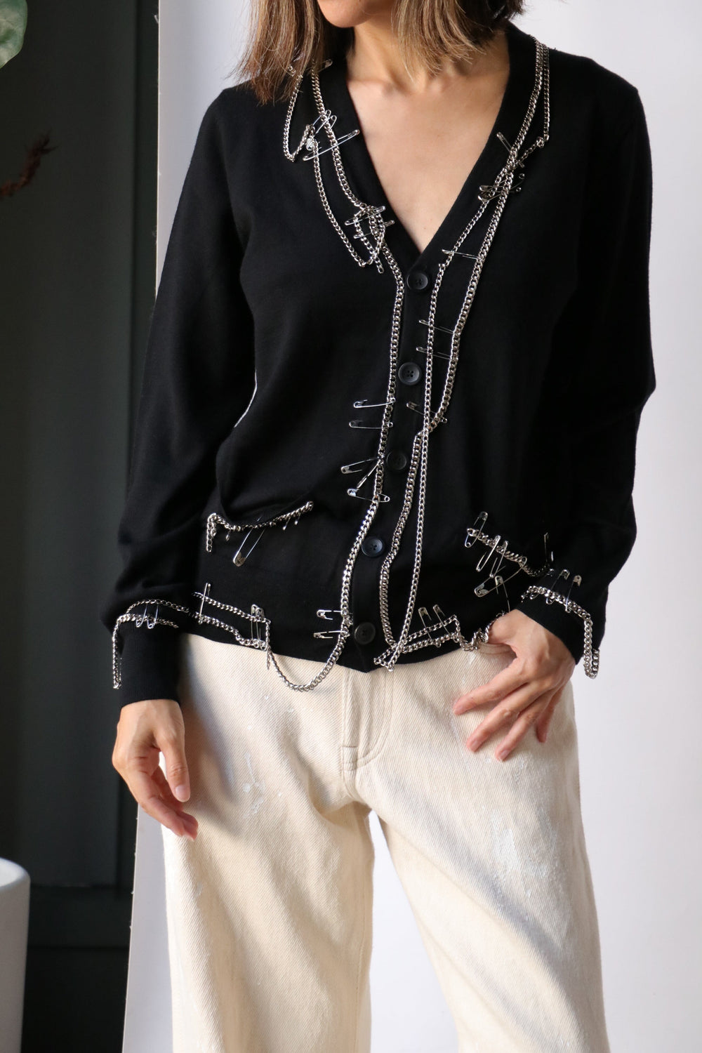 R13 Chain Embellished Cardigan in Black WE ARE ICONIC