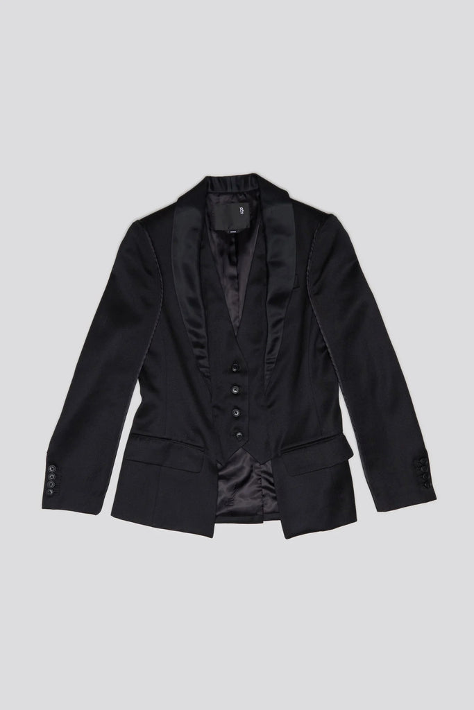 R13 Flat Sleeve Tuxedo Blazer in Black and Satin Outerwear R13 