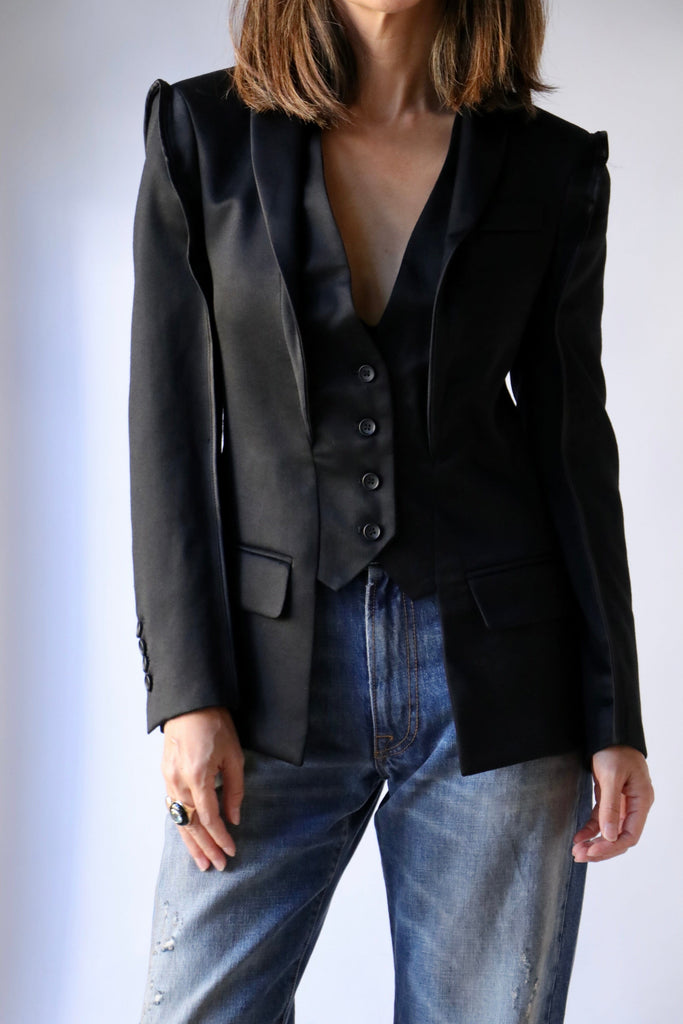 R13 Flat Sleeve Tuxedo Blazer in Black and Satin Outerwear R13 