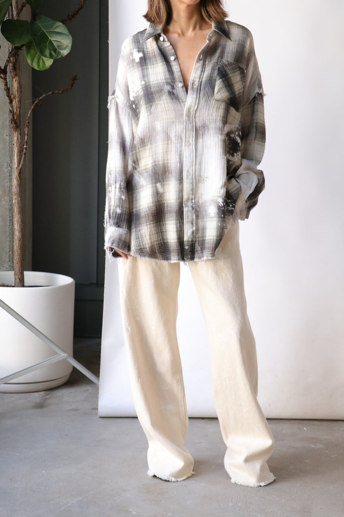 R13 Shredded Seam Drop Neck Shirt in Bleached Grey Plaid tops-blouses R13 