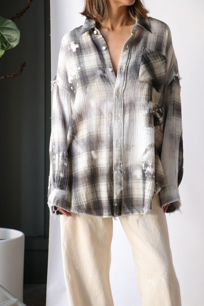 R13 Shredded Seam Drop Neck Shirt in Bleached Grey Plaid tops-blouses R13 