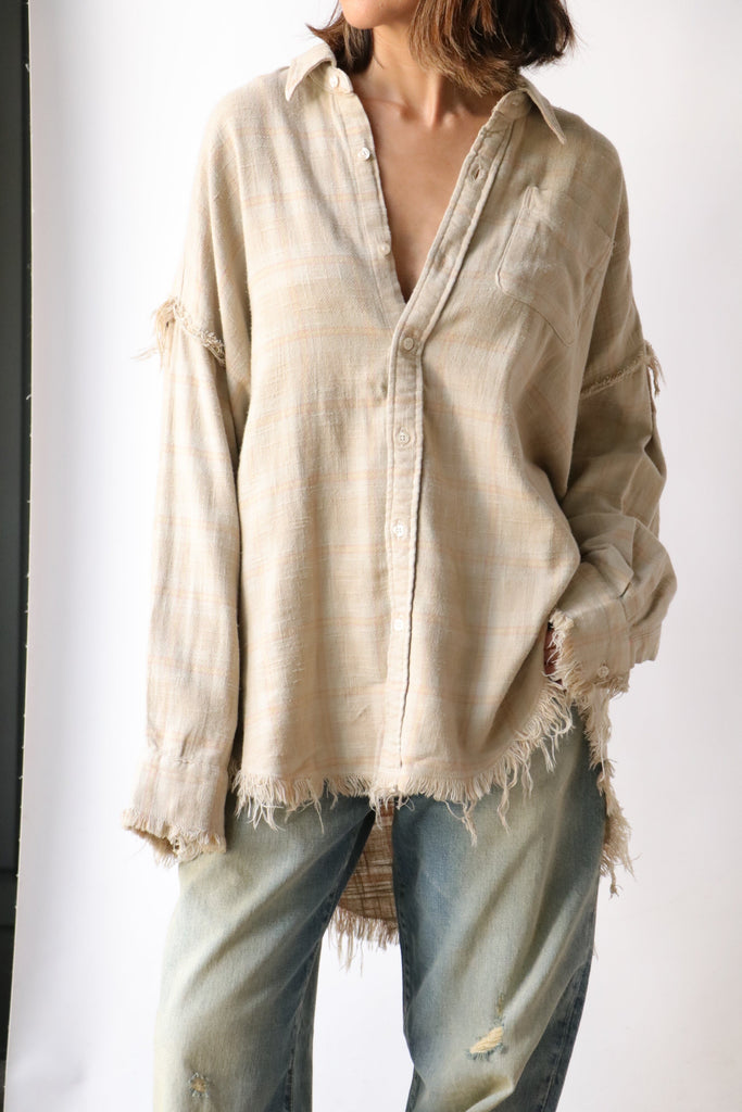 R13 Shredded Seam Drop Neck Shirt in Khaki Over-dyed Plaid tops-blouses R13 