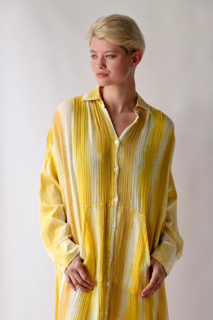 Raquel Allegra Caftan Shirt in Yellow Stripes tops-blouses Raquel Allegra 