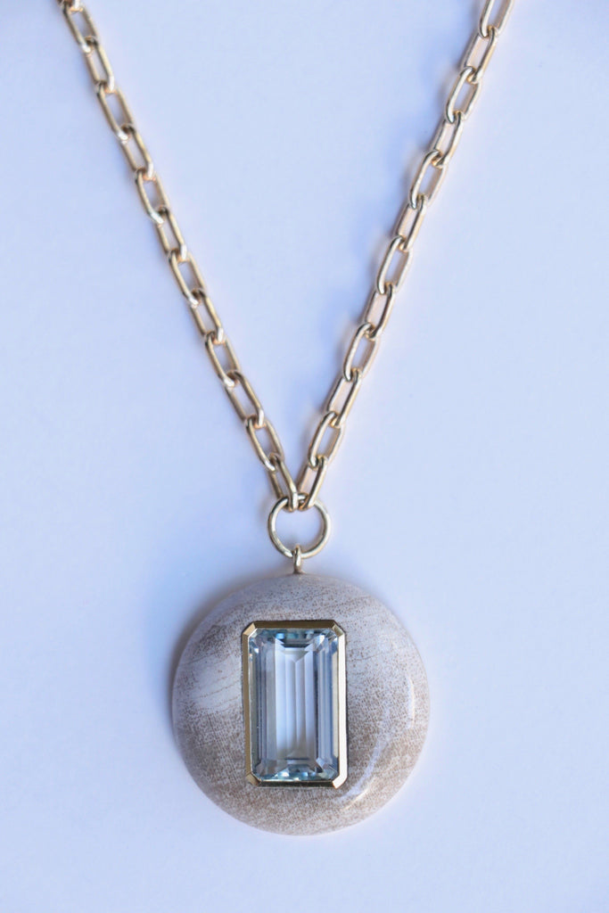 Retrouvai Lollipop Pendant necklace- Aquamarine in Petrified Wood Jewelry Retrouvai 