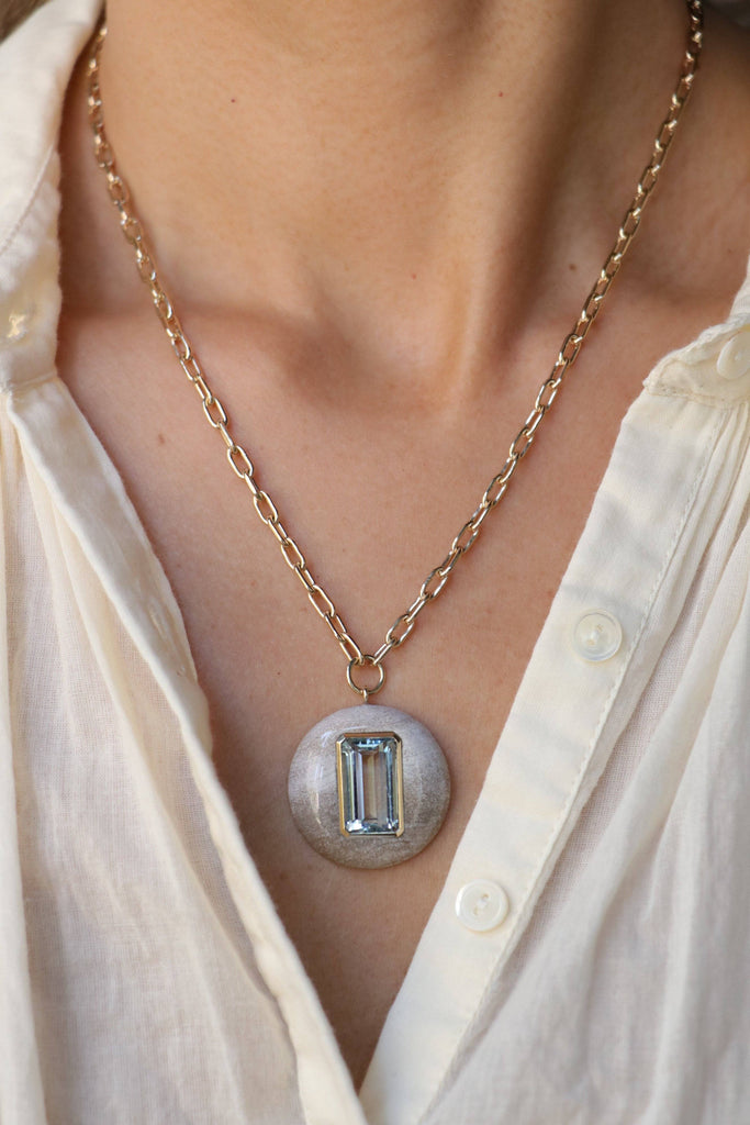 Retrouvai Lollipop Pendant necklace- Aquamarine in Petrified Wood Jewelry Retrouvai 